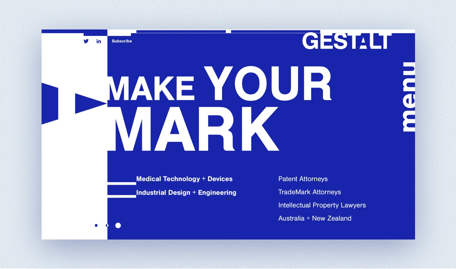 Gestalt Law identity, bold white type on ultramarine blue