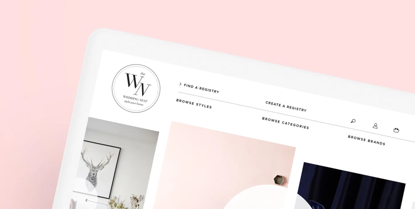 The Wedding Nest brand and website, monogram on pink and white
